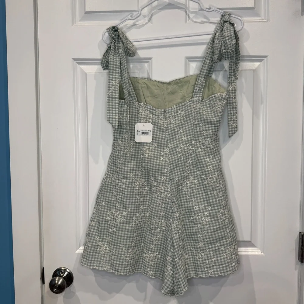 Altar'd State Size Medium Sage Green Gingham Floral Embroidered Tie Strap Romper - Picture 6 of 9
